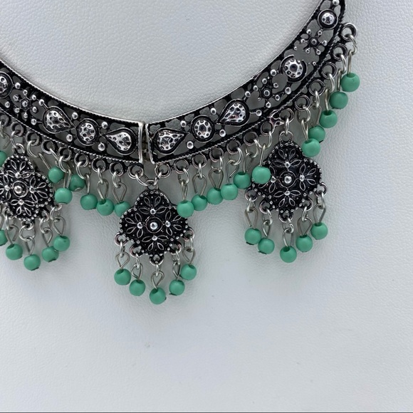 Southwestern Boho Silver Tone Multi Strand Dangling Beaded Statement Necklace - Picture 11 of 14